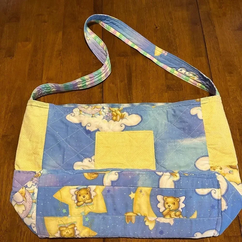 Vintage Style Handmade Quilted Baby Diaper Bag Tote Bear Moon Stars 21”x13”